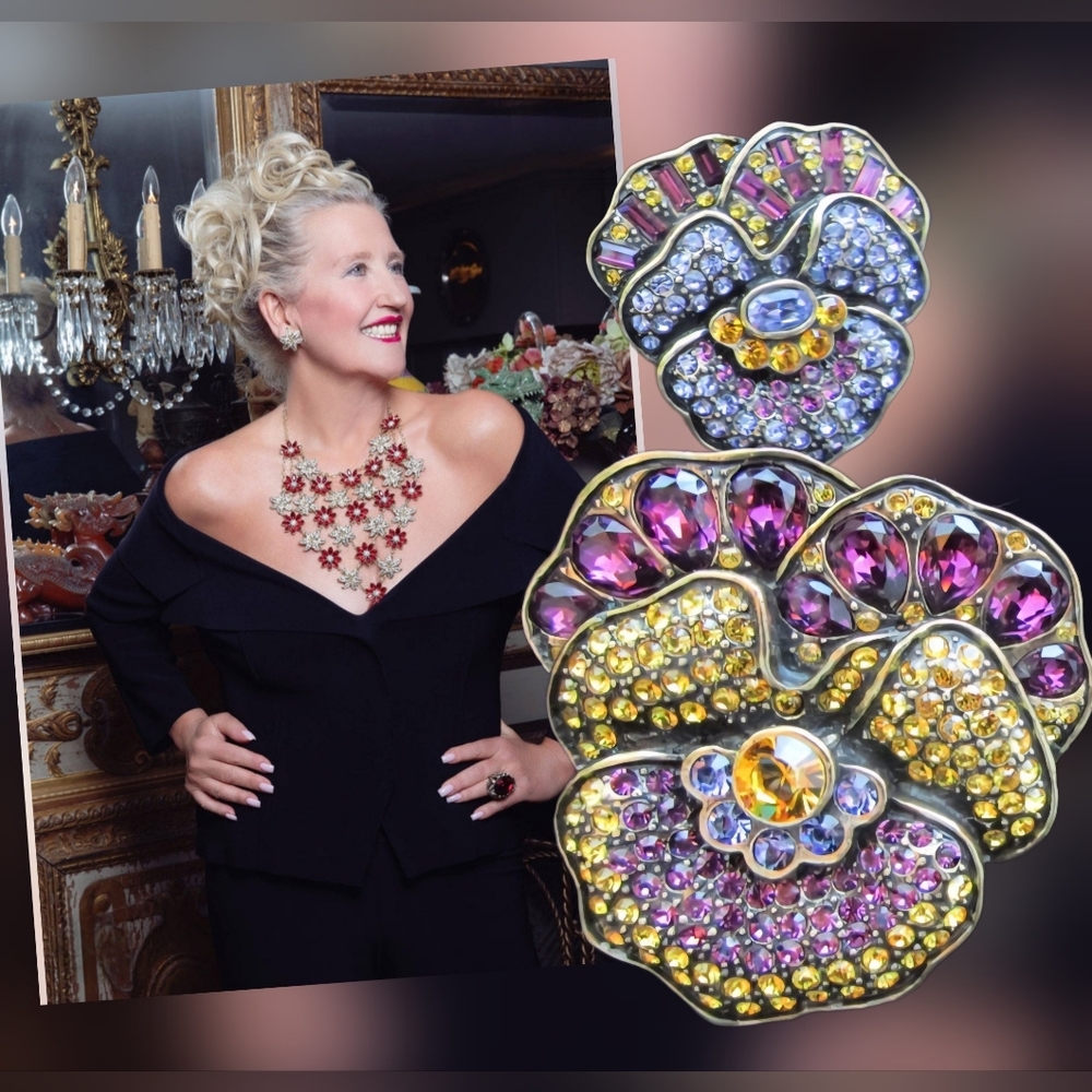Heidi Daus Swarovski Crystal "Pleasing Pansy" Designer Brooch Pin Set Vintage 💝